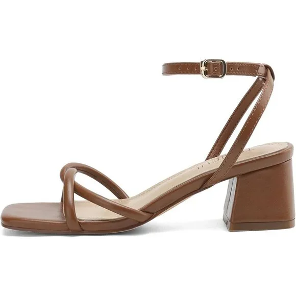 Women's Open Square Toe Chunky Block Sandals Chic Strappy Heels Brown Shoes - Picture 4 of 6